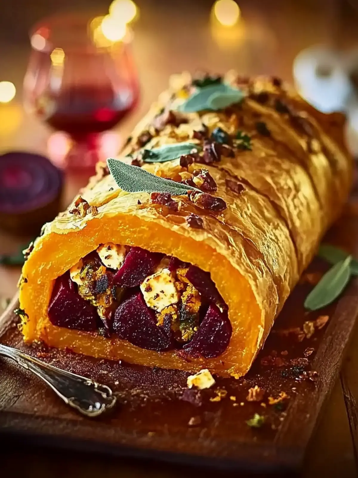 Spiced squash, feta & beetroot wellington