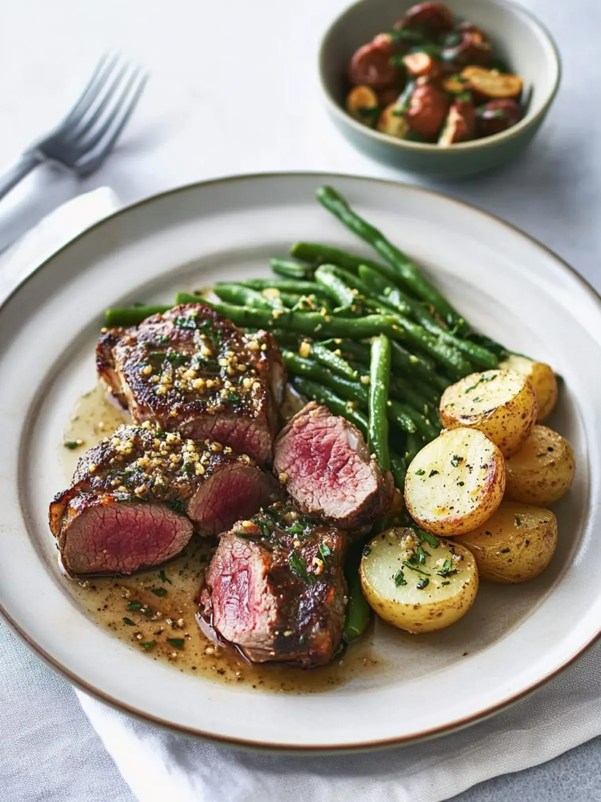 Seared Lamb with Mustard Potatoes and Green Beans