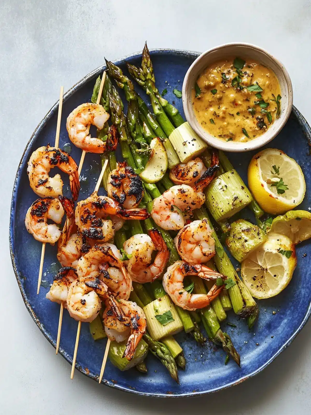 Charred Shrimp, Leek and Asparagus Skewers